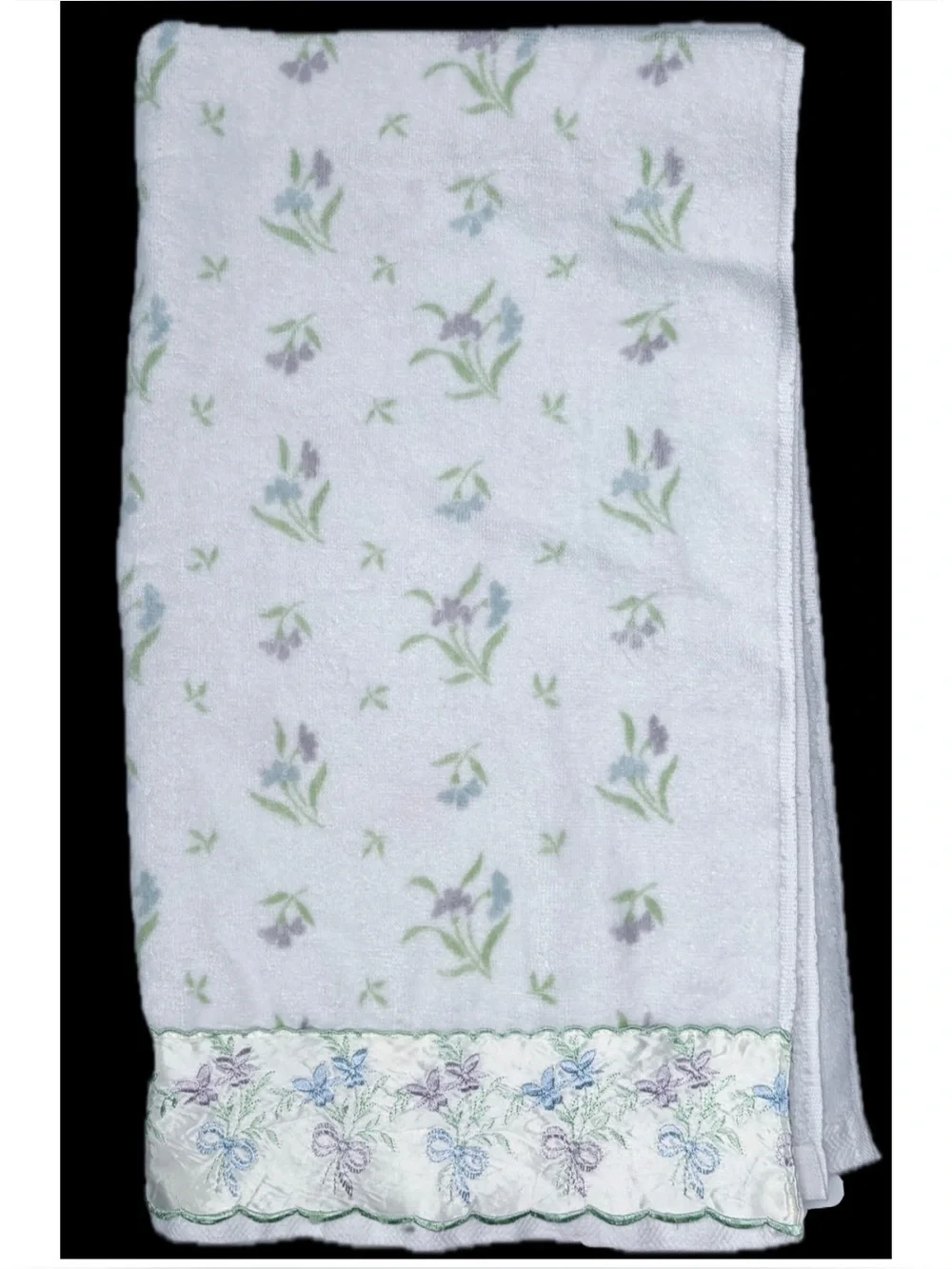 Vintage Floral Bath Towel Satin Trim Cottage Grandma Core USA Made STAINED READ